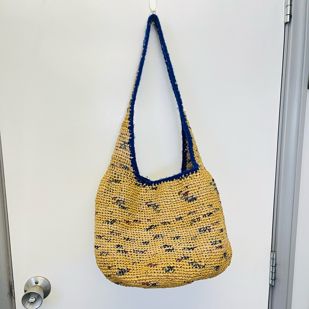XL Tan and Blue Crocheted Plarn Shoulder Bag